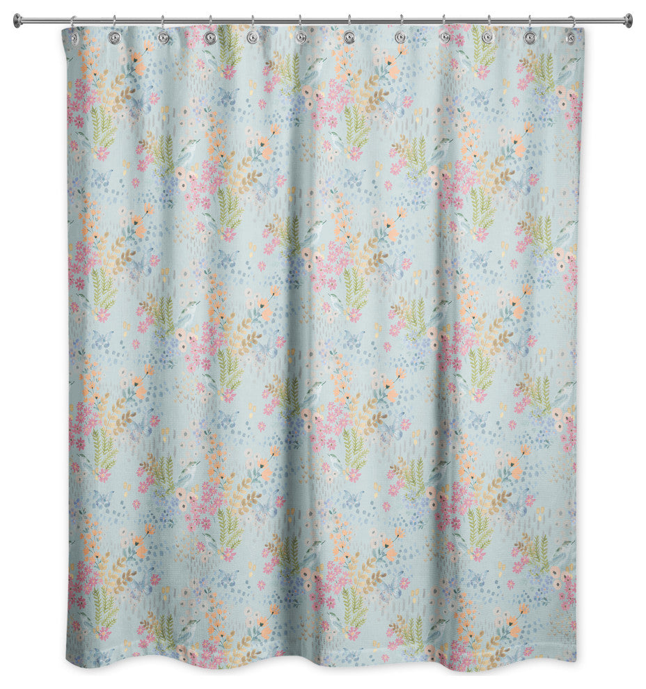 Butterfly Bird Floral on Blue 71x74 Shower Curtain