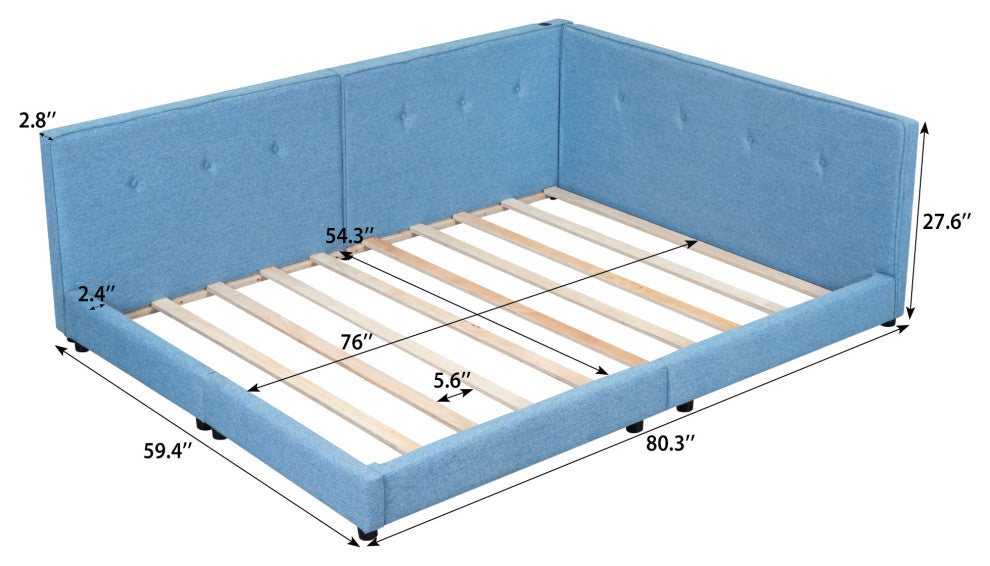 Gewnee Upholstered Full Size platform bed with USB Ports, Blue