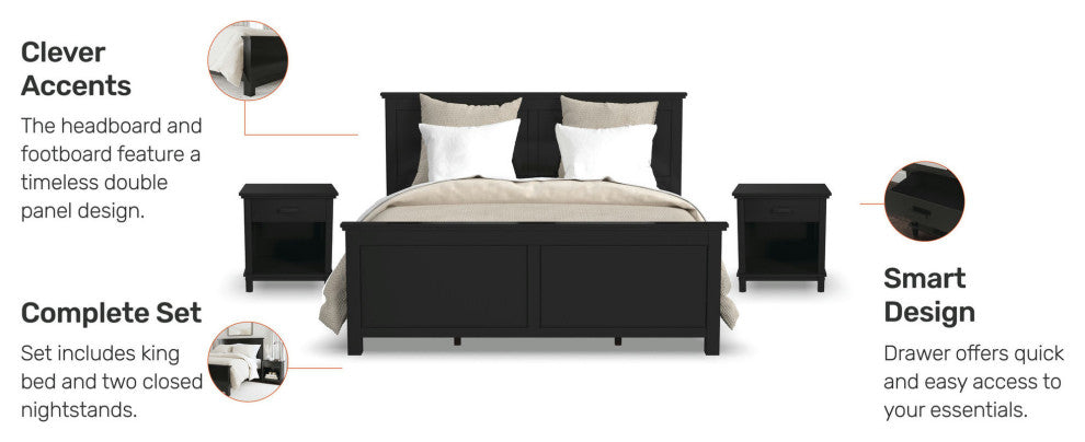 Oak Park King Bed and Two Nightstands by homestyles -Black