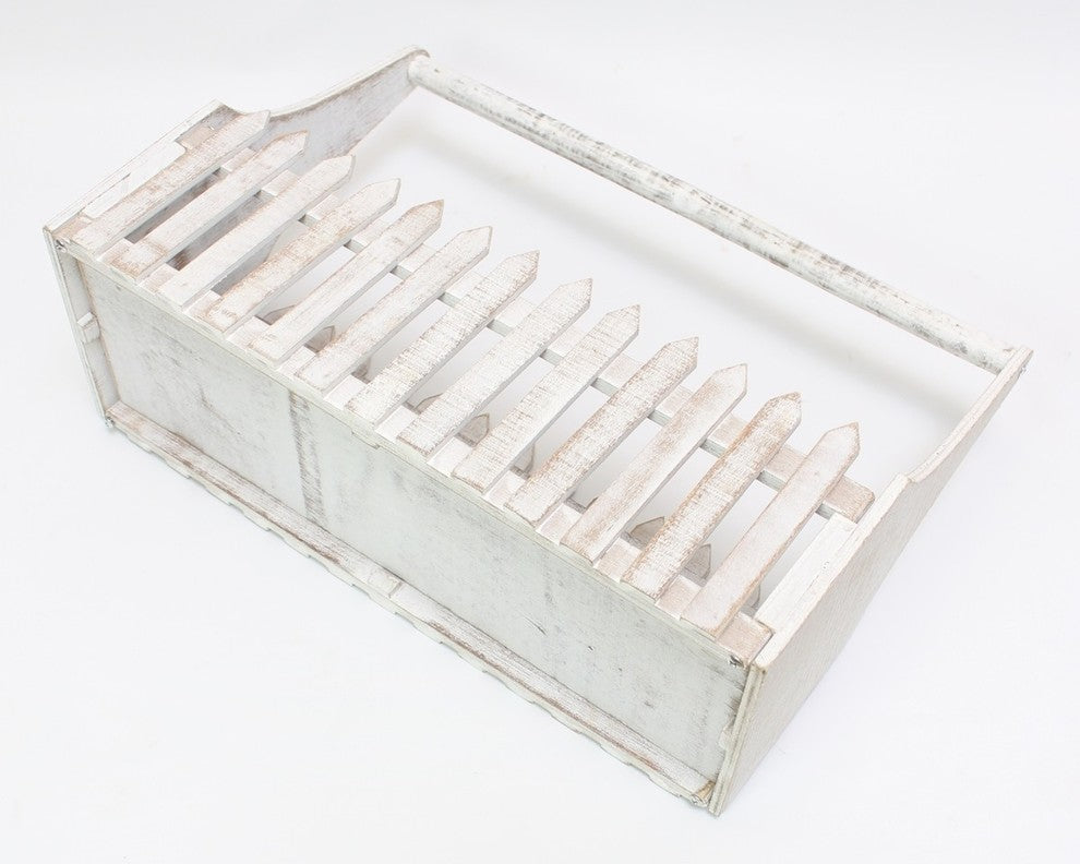 White Wooden Flower Planter Fence Picket Storage, Carry Basket with Handle