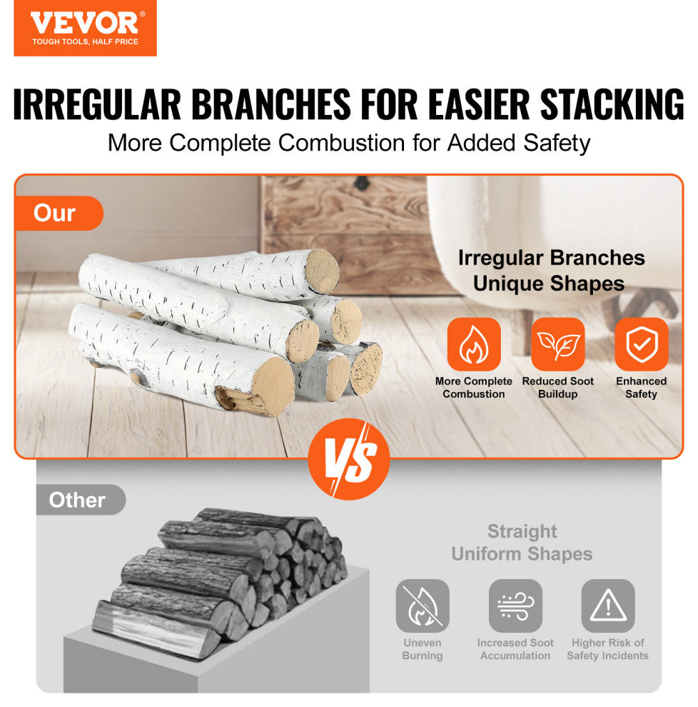VEVOR 6 Pcs Large Withe Birch Logs Gas Fireplace Ceramic Logs Decorative