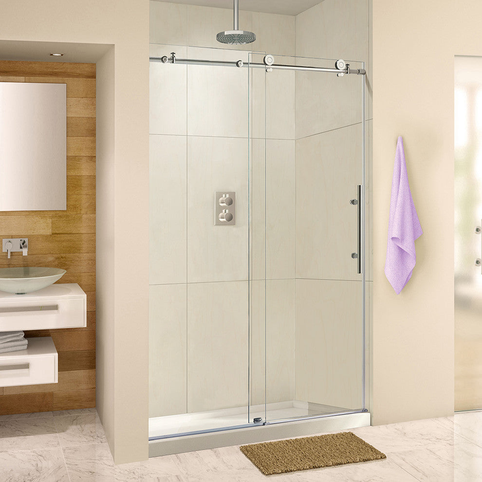 WoodBridge Frameless Brushed Stainless Steel Sliding Shower Door, 44"-48"x76"