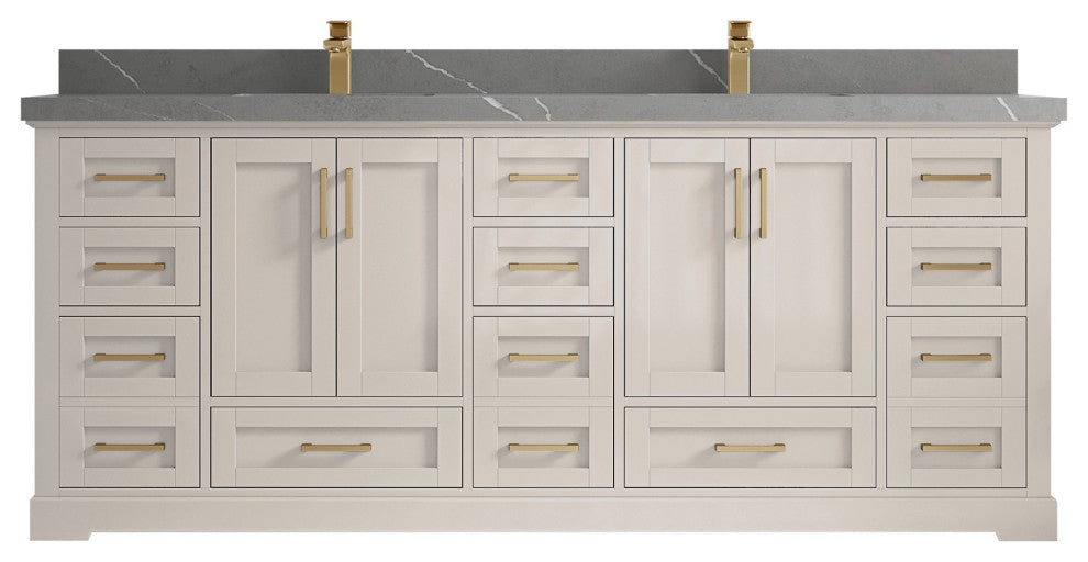 Boston 84" Double Sink Bath Vanity in Fine Grain 2" Piatra Gray