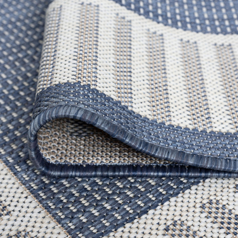 Elgin Transitional Striped Border Navy/Cream Round Indoor/Outdoor Area Rug, 8'