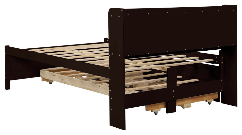Full/Twin Wood Frame Platform Bed with Trundle and Drawers, Espresso, Full