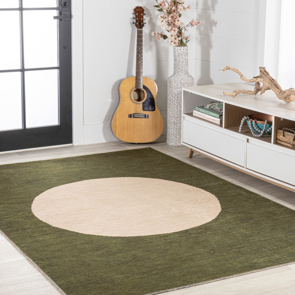 Cirkel Minimalist Geometric Dot Machine-Washable Area Rug, Olive/Cream, 4x6