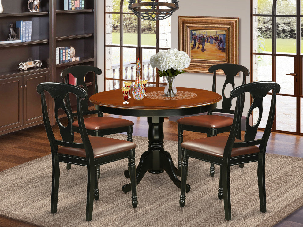 5 Pc Set, Round Kitchen Table And 4 Leather Dinette Chairs, Linen White