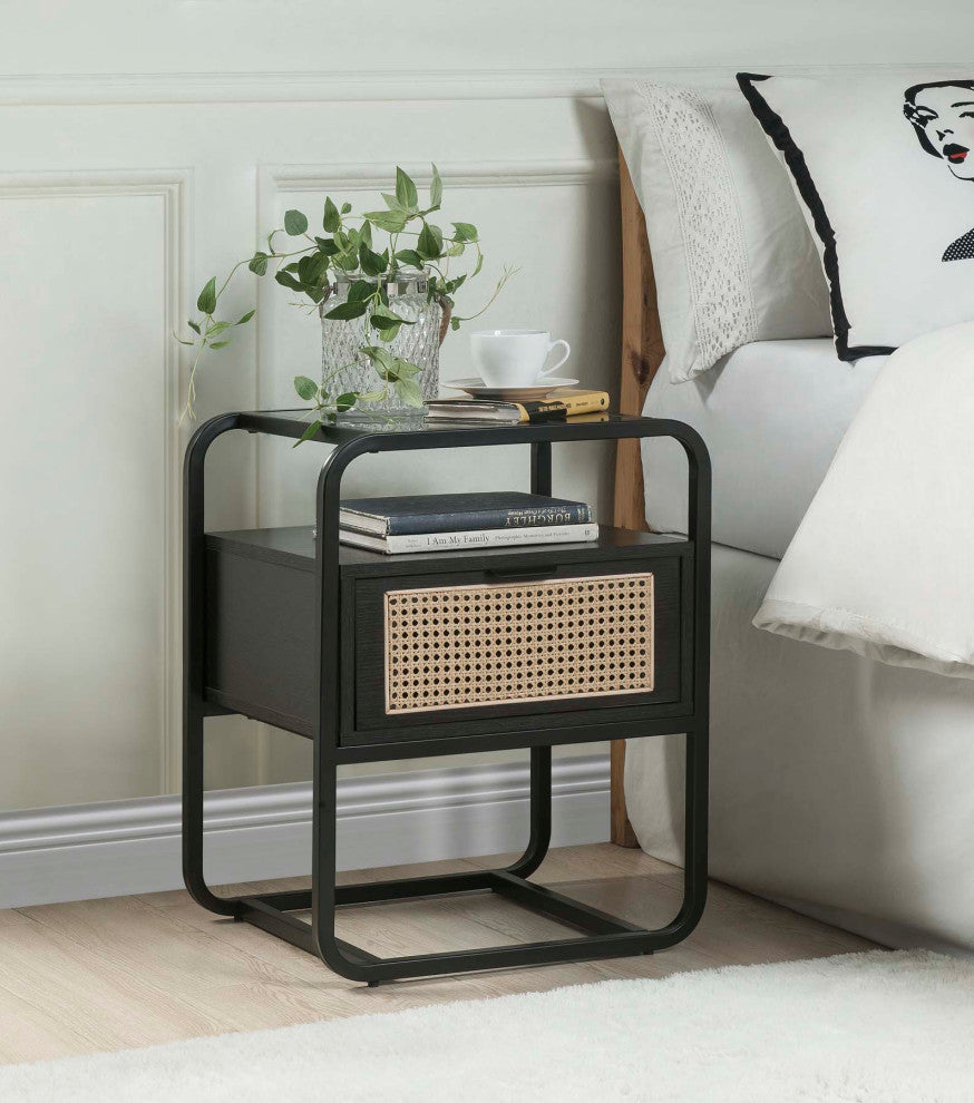Metal Frame Nightstand With One Drawer, Black Finish