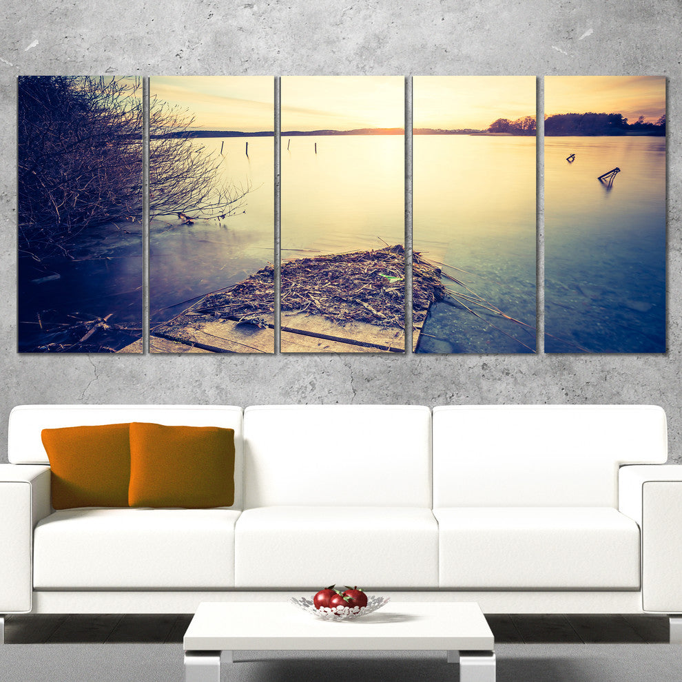 Amazing Sunset over Clam Lake, Landscape Canvas Art Print, 60"x28", 5 Panels