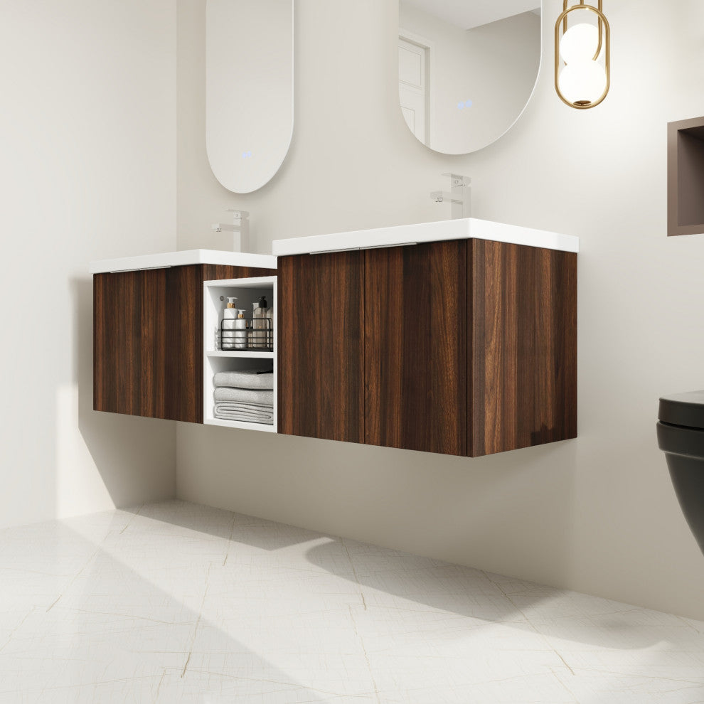 BNK Wall-Mounted Bathroom Cabinet Set with Soft-Close Doors, California Walnut, 60inch