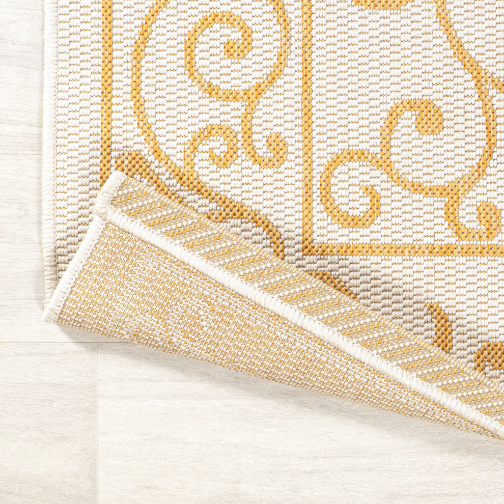 Charleston Filigree Textured Weave Indoor/Outdoor, Cream/Yellow, 2 X 8