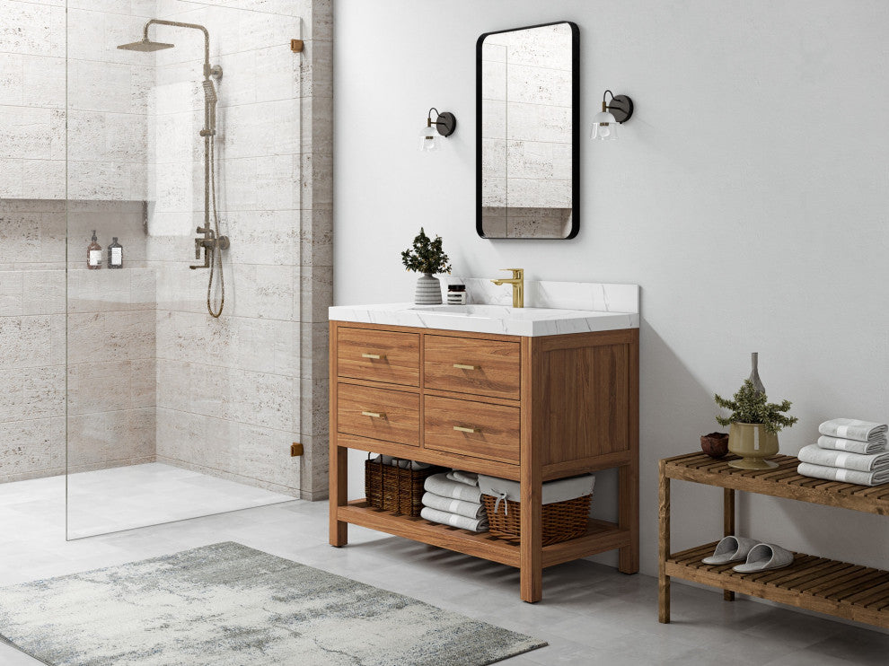 Parker Teak 42" Single Sink Bath Vanity in Golden Teak  2" Calacatta Nuvo