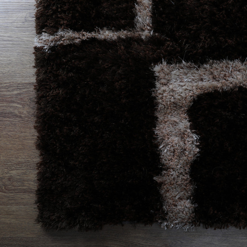 Hand Tufted Shag Polyester Area Rug Geometric Brown Beige, [Rectangle] 6'x9'