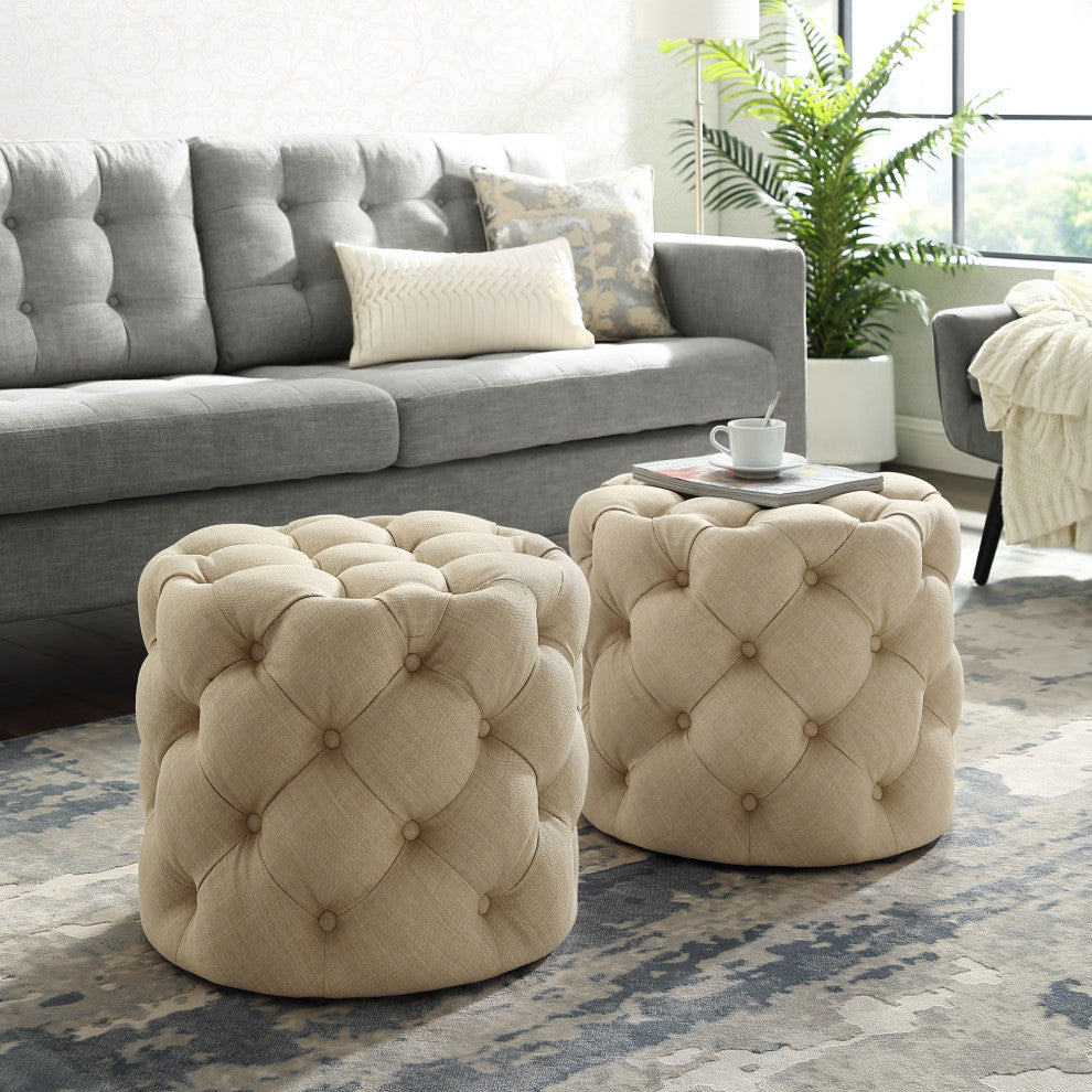 Jessica Allover Tufted Round 1 Pc Ottoman, Beige, Linen