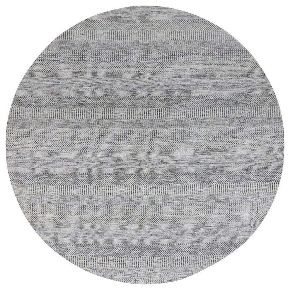 Bright Gray Hand Knotted Grass Design Round Pure Undyed Wool Rug, 7'9"x7'9"