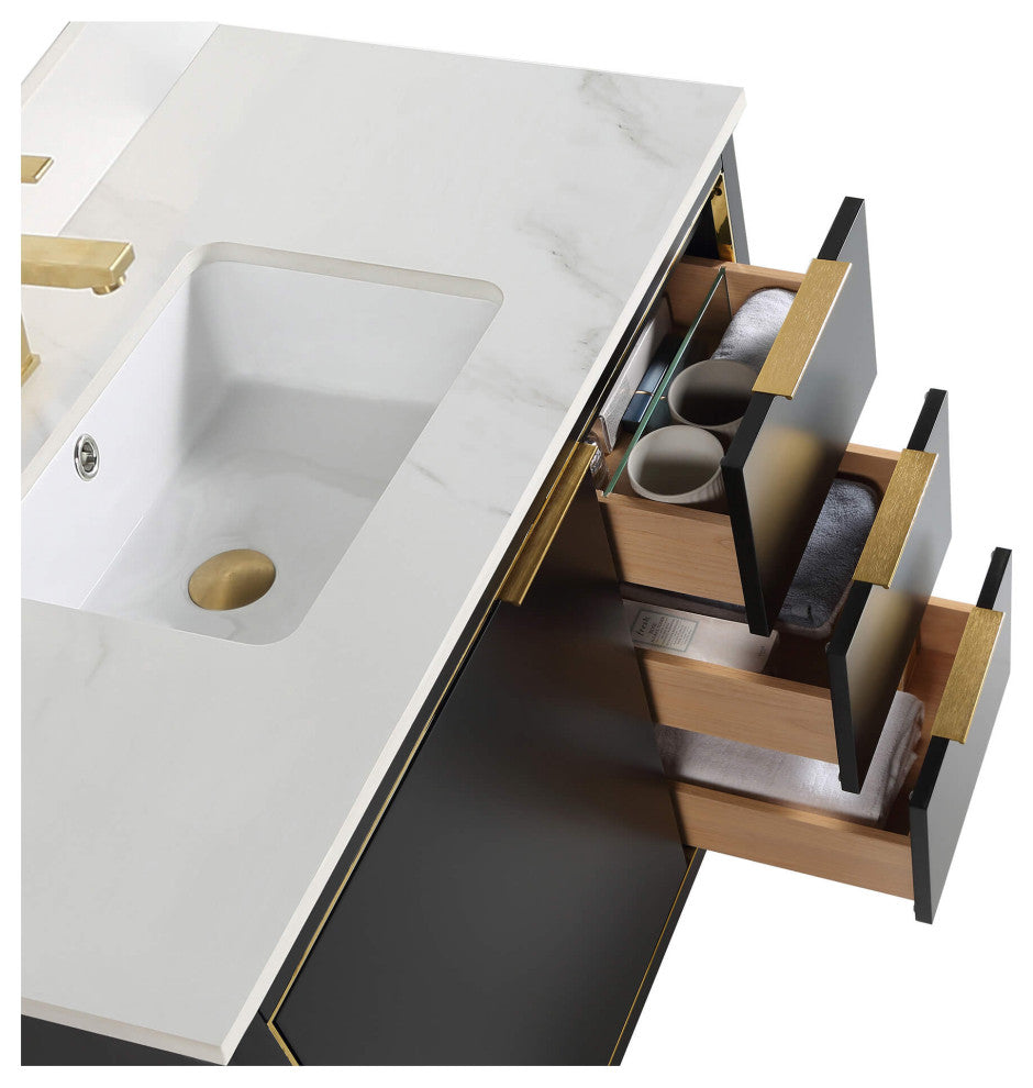 Opulence Bath Vanity, Black Matte, 36", Satin Brass Hardware, White Carrara Top