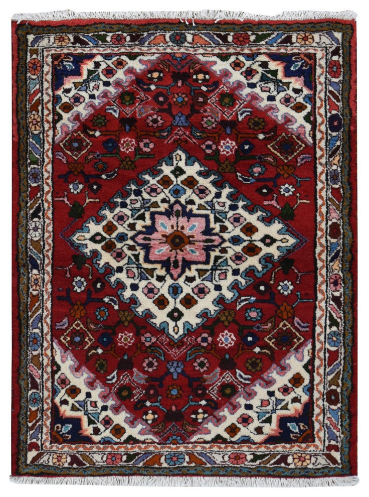 Maroon Red New Persian Bohemian Hamadan Pure Wool Hand Knotted Rug 3'7" x 4'8"