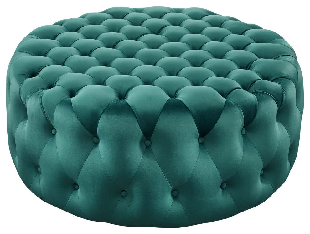 Round Ottoman Accent Tufted Chair, Teal Blue, Velvet, Modern, Cafe Hospitality