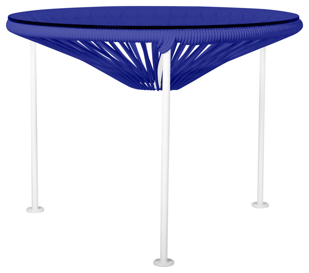 Zicatela Indoor/Outdoor Handmade Side Table, Deep Blue Weave, White Frame