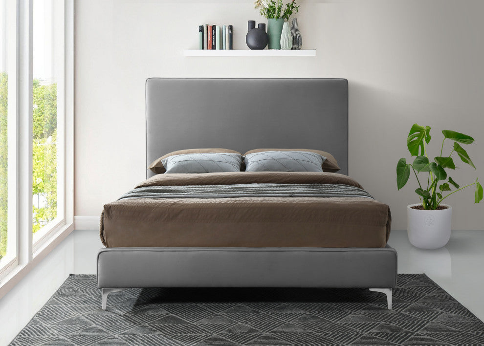 Geri Velvet Upholstered Bed, Gray, Full