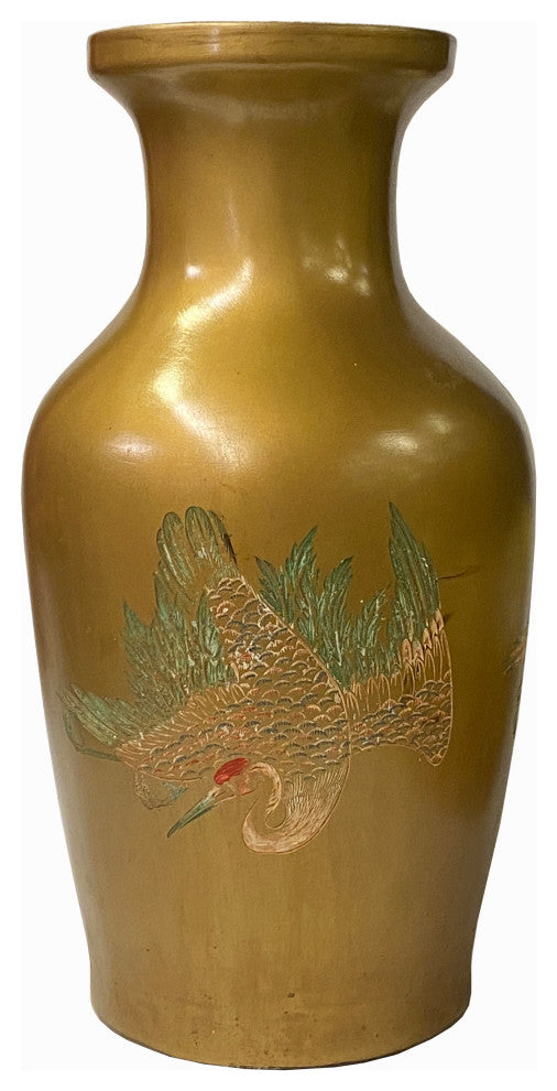 Vintage Handmade Chinese Matte Gold Paint Cranes Motif Vase Hws1847