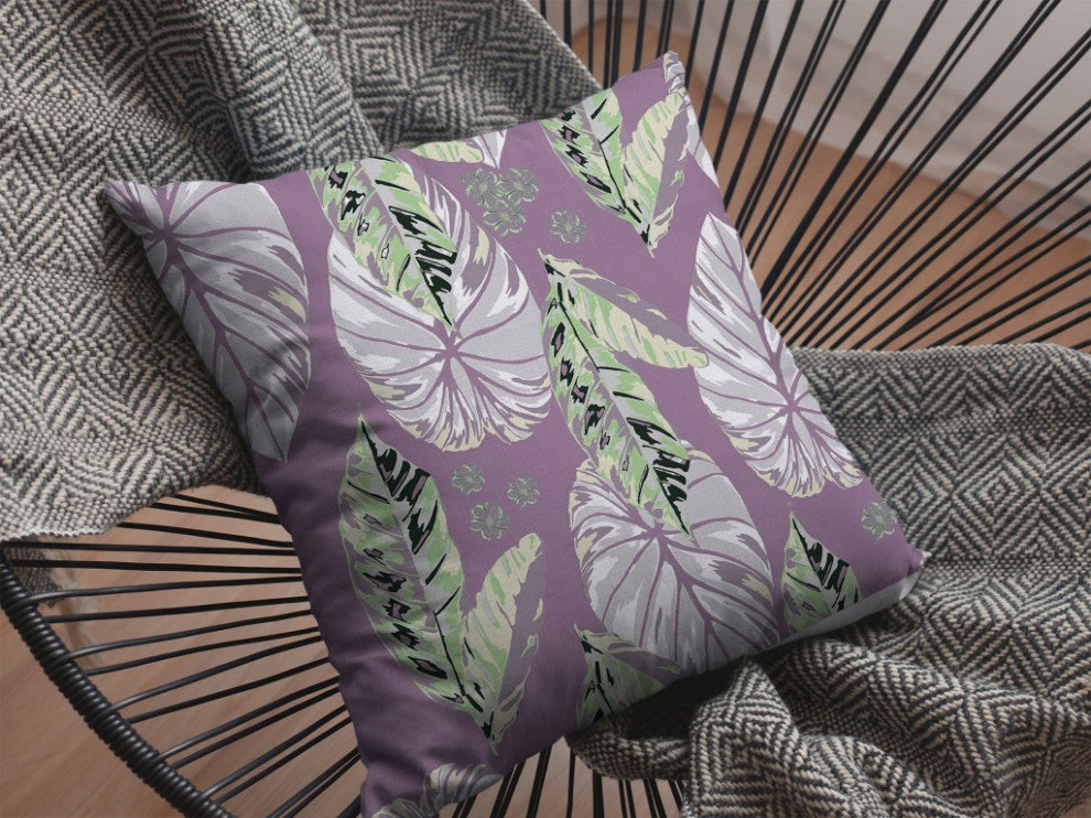 16" White Purple Tropical Leaf Suede Throw Pillow
