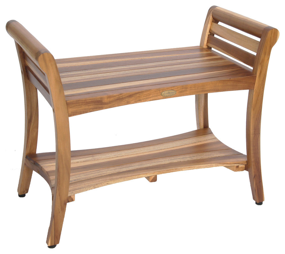 EcoDecors EarthyTeak Symmetry 29" Teak Shower Bench With Shelf And LiftAide Arms