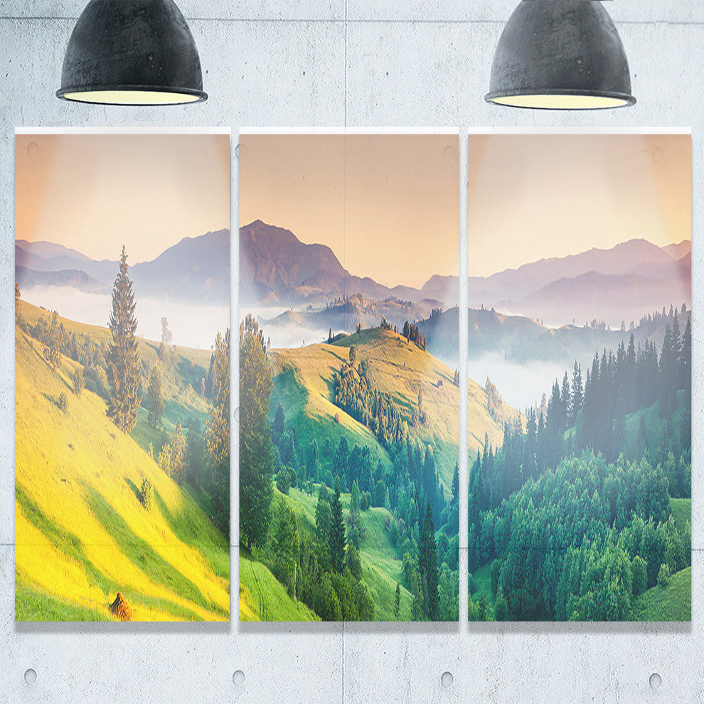 "Brightly Green and Blue Mountains" Metal Wall Art, 3 Panels, 36"x28"