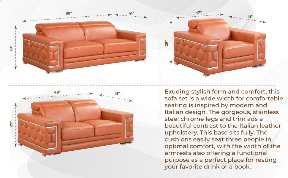 Rome Contemporary Genuine Italian Leather Loveseat Camel