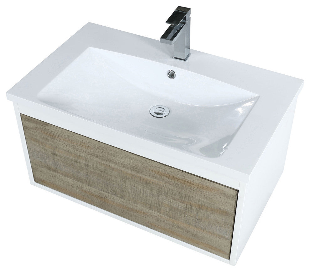 Scopi 30 Rustic Acacia Vanity, Acrylic Top With Sink, Gun Metal Faucet Set