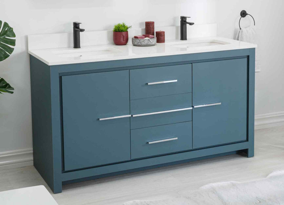 Mila Collection 60" Bathroom Vanity With Sink, Mirror, Countertop, Alasca Blue