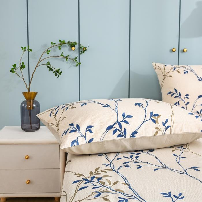 Blue Leaf Vine Cream Poplin Cotton Fitted Sheet