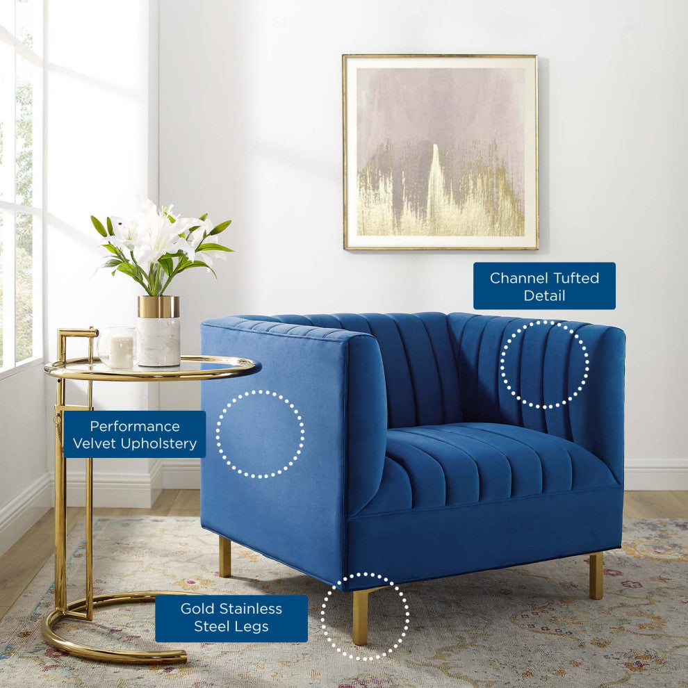 Tufted Armchair Accent Chair, Velvet, Blue Navy, Modern, Lounge Hospitality
