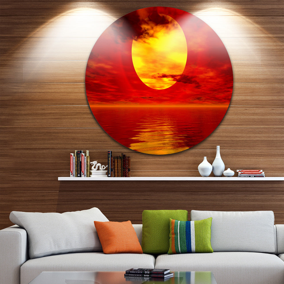 Golden Sun Sinking In Red Waters, Seashore Disc Metal Wall Art, 23"