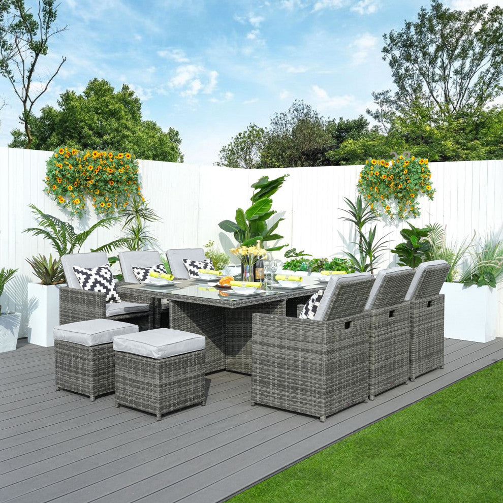 10-Seat Outdoor Rectangular Long Dining Wicker Set, Gray