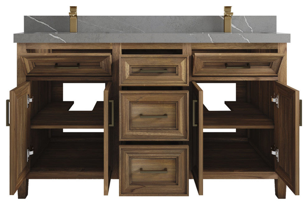 Santa Monica 60 Double Sink Bathroom Vanity in Graywashed Teak 2" Piatra Gray