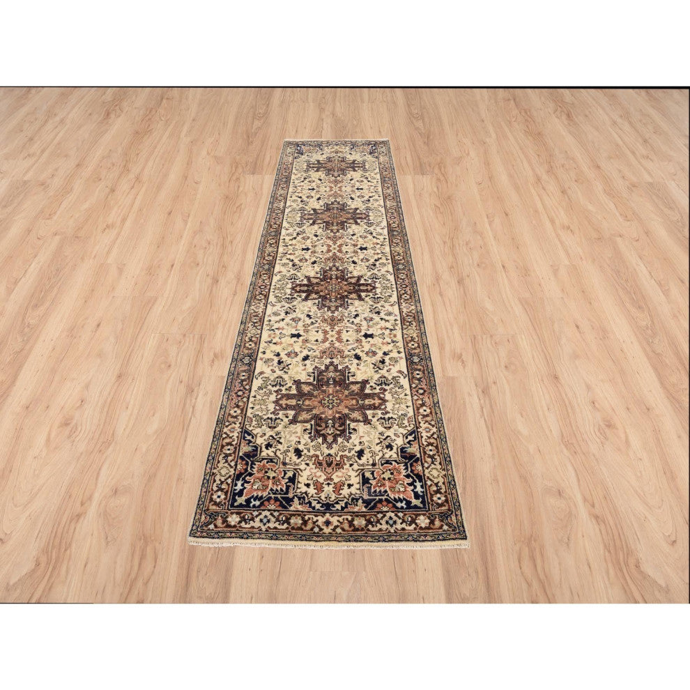 Beige Antiqued Heriz Re-Creation Soft Wool Hand Knotted Runner Rug, 2'7" x 10'3"