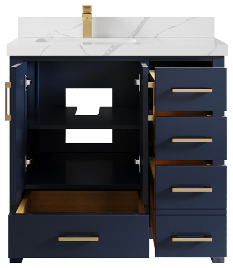 Malibu 36 Left Offset Bath Vanity in Navy Blue 2" Calacatta Laza