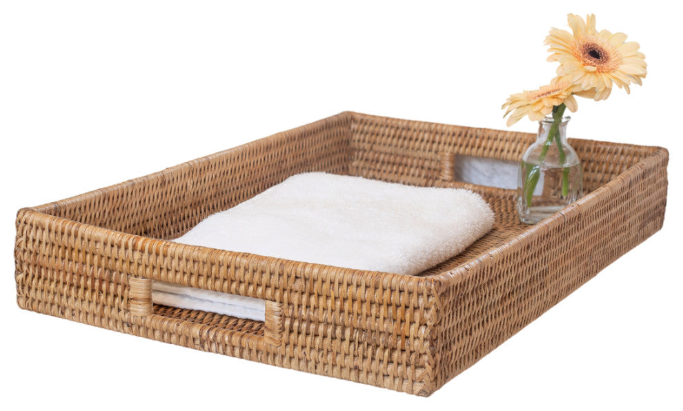 Artifacts Rattan Rectangular Tray With Cutout Handles, Honey Brown, Large