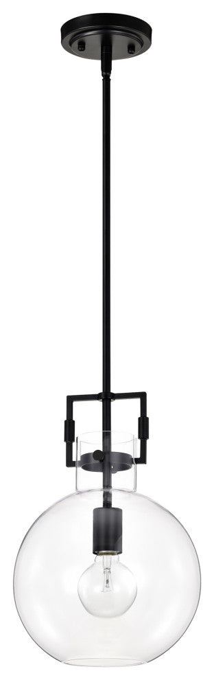 1-Light 10 in. Matte Black Pendant With Globe Shaped Clear Glass Shade
