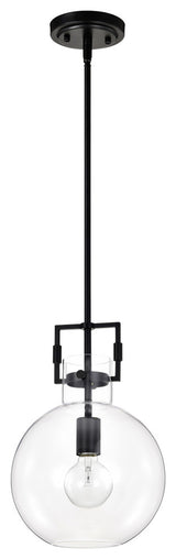 1-Light 10 in. Matte Black Pendant With Globe Shaped Clear Glass Shade