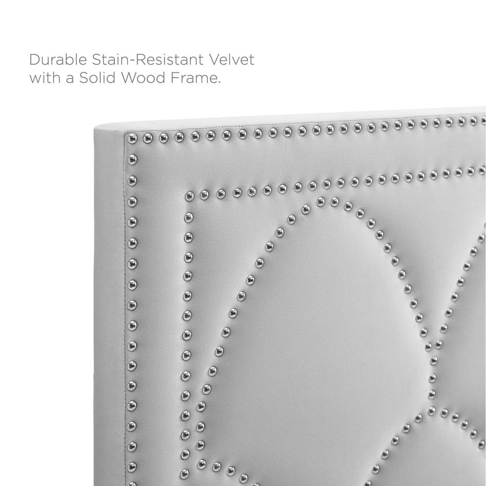 Platform Bed Frame, Nailhead, Queen Size, Gray, Velvet, Modern