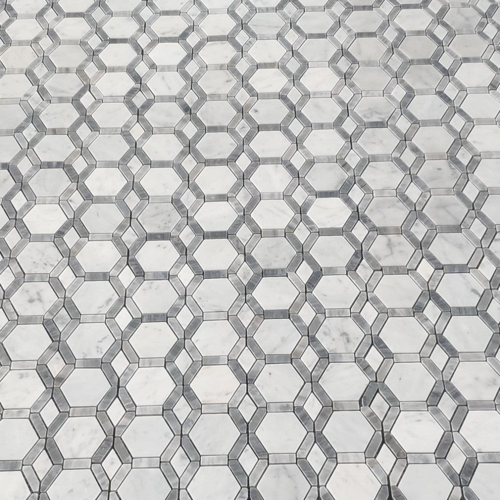 Carrara White Bardiglio Gray Marble Hollywood Hexagon Tile Honed, 1 sheet