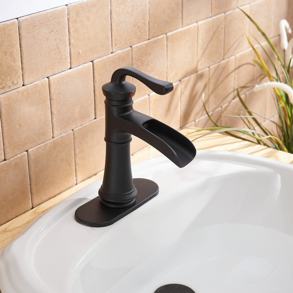 Waterfall Spout Bathroom Sink Faucet with Pop-up Drain, Matte Black