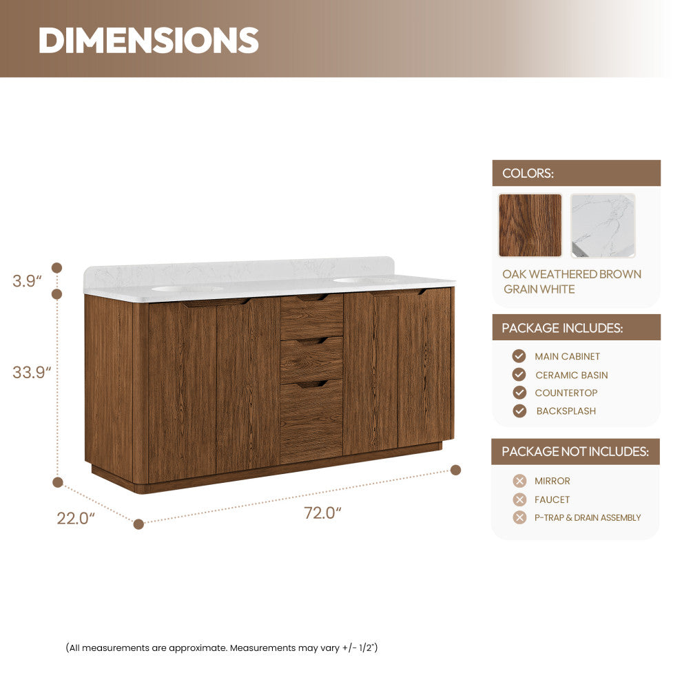 Abuja Bathroom Vanity, Stone Top, No Mirror, Oak Weathered Brown, 72", Double Vanity