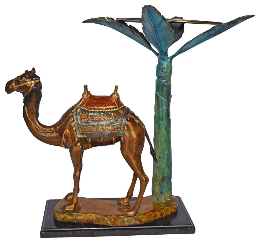 Camel Standing Under A Palm Tree Bronze Statue - Size: 20"L x 29"W x 25"H.