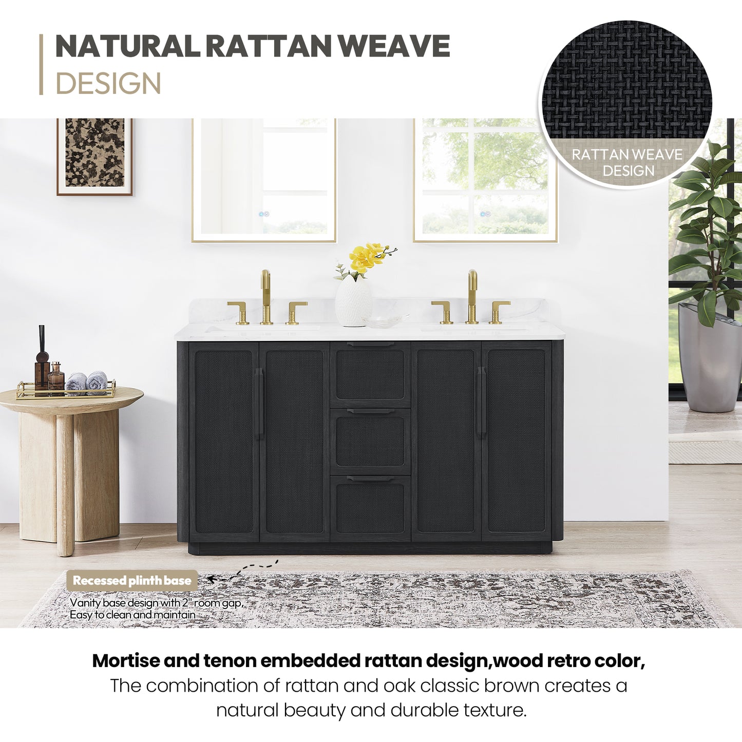 Busan Bath Vanity, Quartz Top No Mirror, Oak Classic Black, 60", Double Vanity