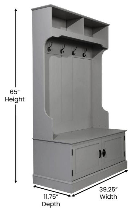 Fraser 40" Double Door Storage Bench, Coat Rack and 2 Upper Storage Cubbies, Gray