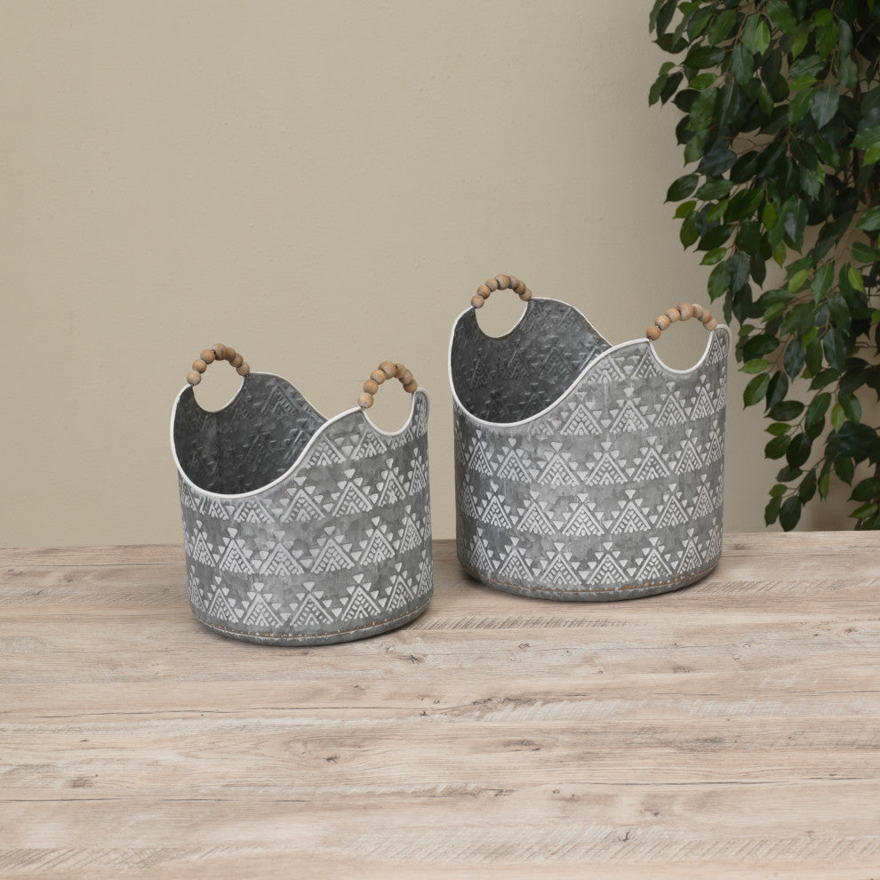 Set of 2, Assorted Metal Buckets, Wood Bead Handles