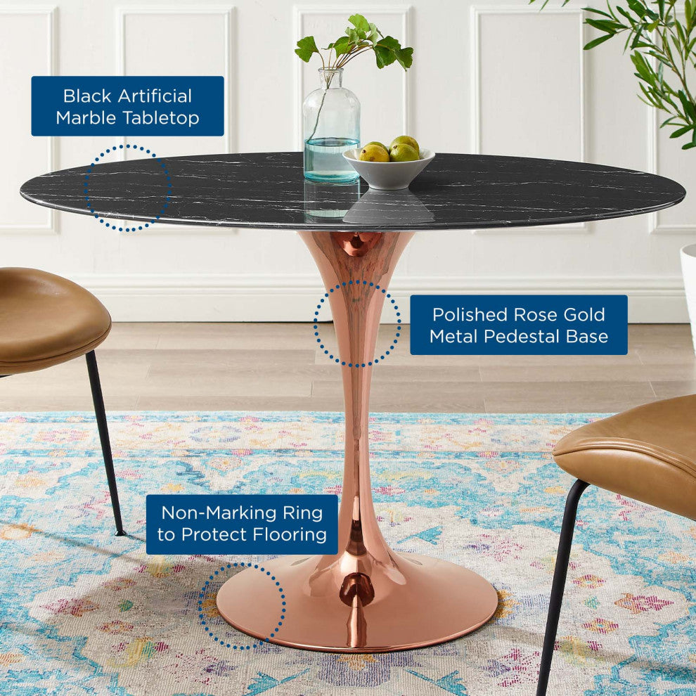 Dining Table, Oval, Artificial Marble, Metal, Rose Gold Black, Modern, Bistro